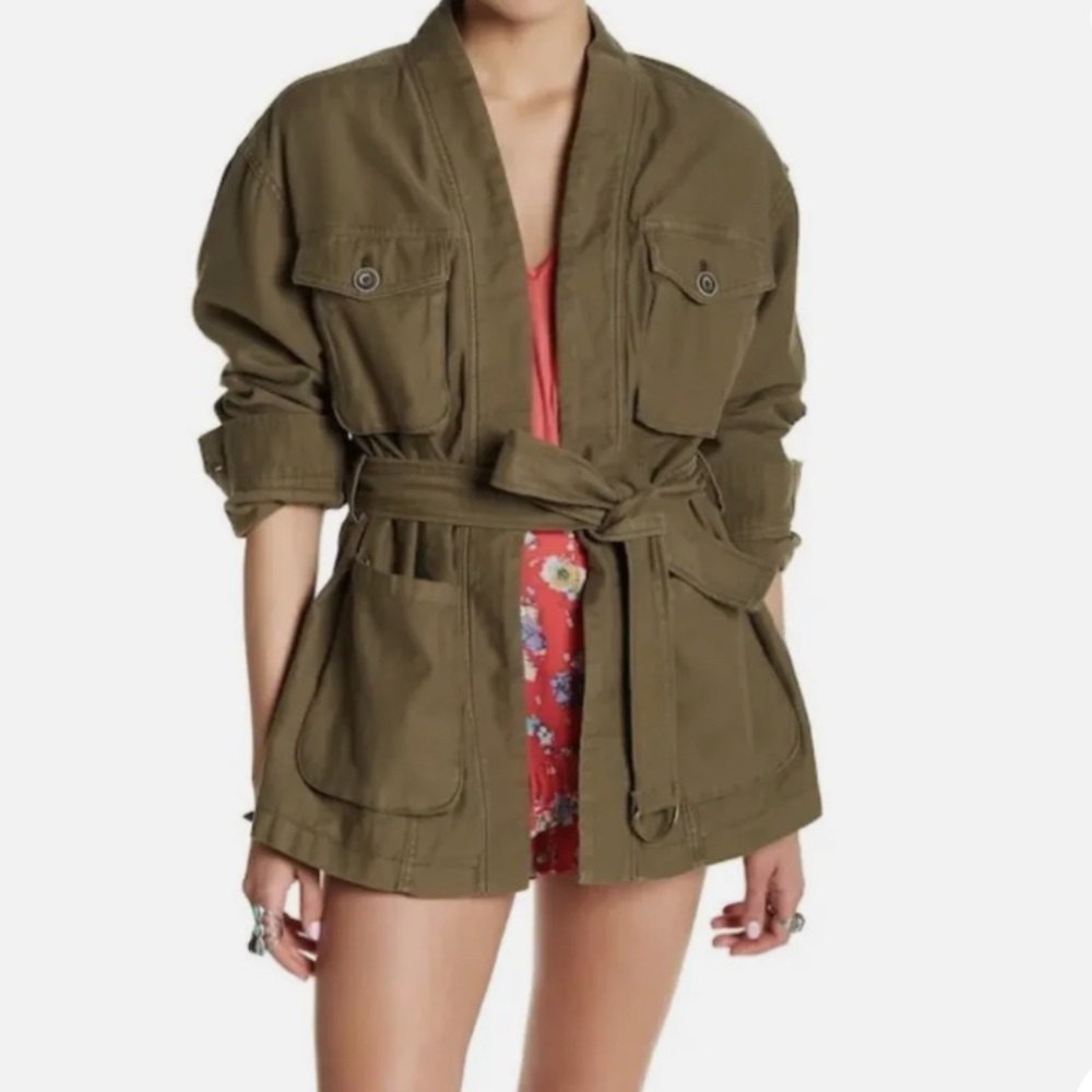 Free People Army Green Open Front Tie Nature Cargo Jacket Size M NWT